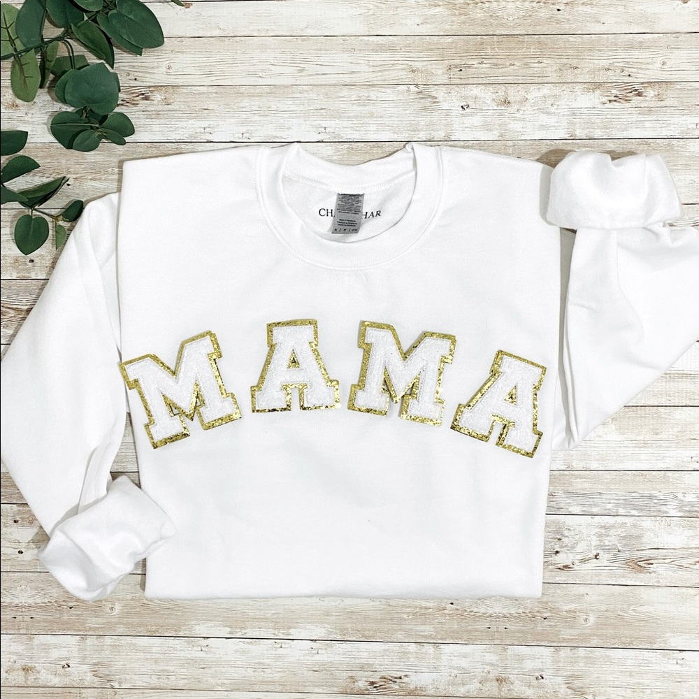 Mama Chenille Patch Crewneck Sweatshirt, white chenille patch, white sweatshirt